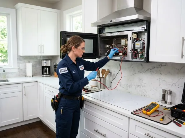 Appliance Repair Hero technician testing an over-the-range microwave in a Atlantic Beach, NY kitchen